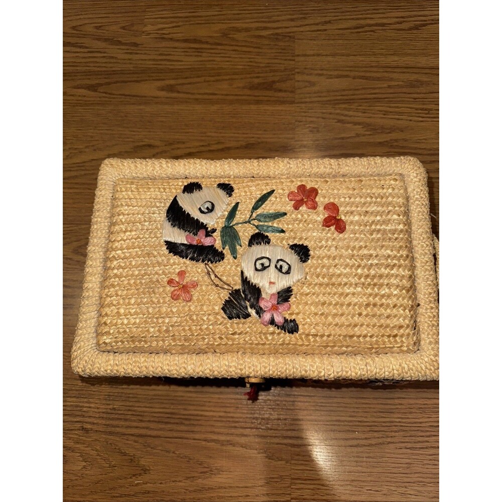 Vtg Wicker Sewing Basket  Panda Crewel Stitching Tan Brown Orange Satin Inside